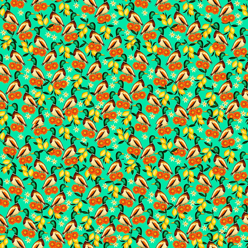 Licenciamento de estampas autorais com padrão de patos e frutas.