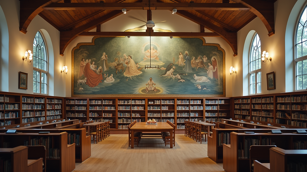 High angle view of a community library with mural of spiritual texts