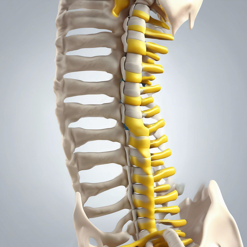 3D detailed picture of the human spine, showing spinal compression highlighted in yellow.j