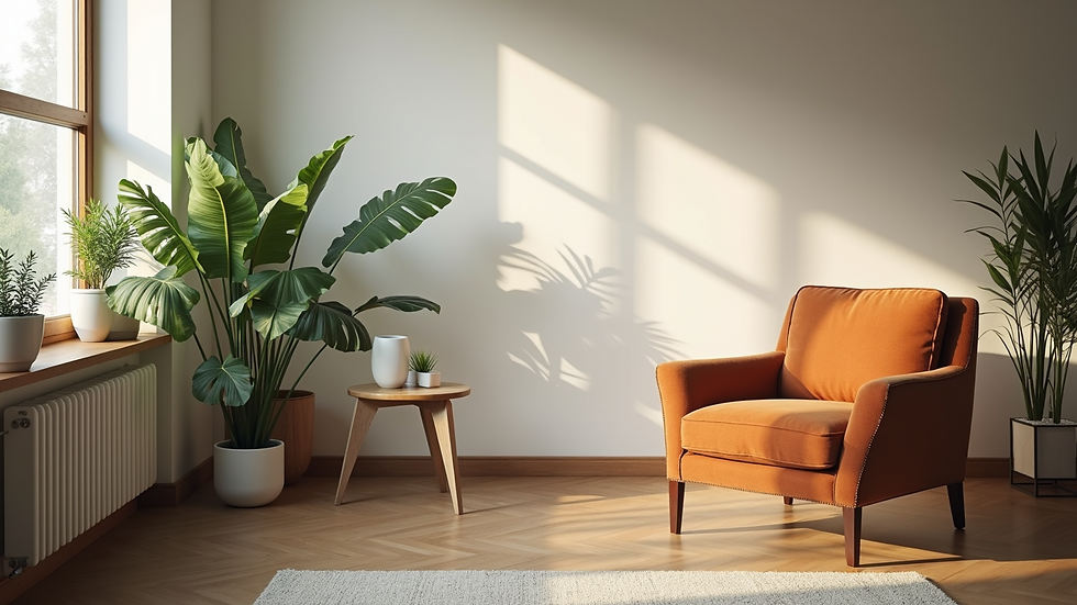 Eye-level view of a cozy consultation room with soft lighting and plants
