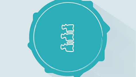 A teal circular button with a white spine icon inside. Set against a light gray background, creating a calm and medical-themed vibe.