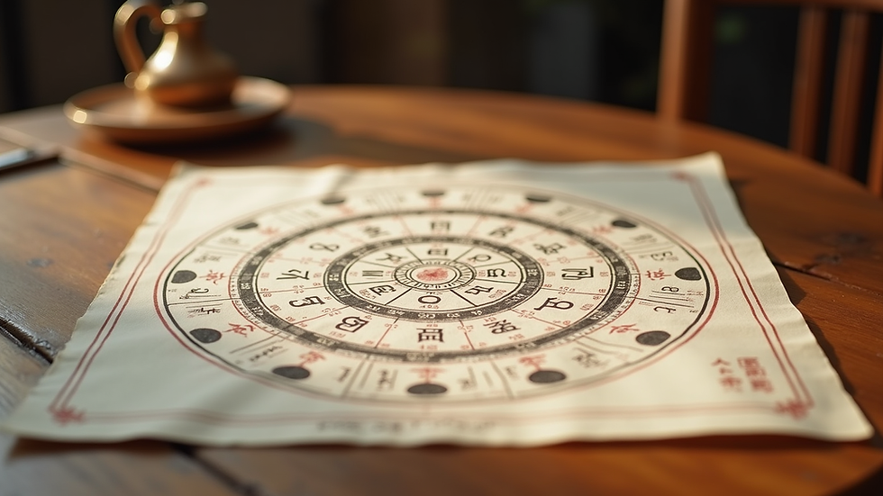 Eye-level view of a traditional Chinese Bazi chart on a wooden table
