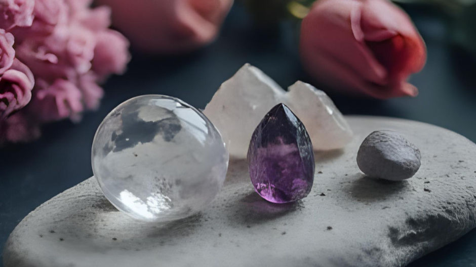 Crystal spheres and stones, including amethyst, rest on a white surface. Pink roses and petals in the blurred background create a serene mood.