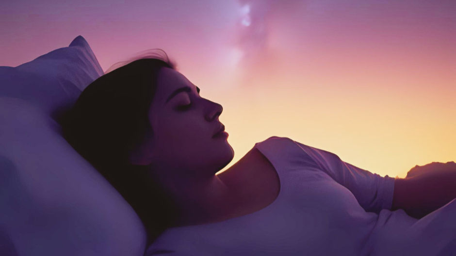 Woman sleeping peacefully on white pillow, warm sunset colors in background, creating a serene and calm atmosphere.