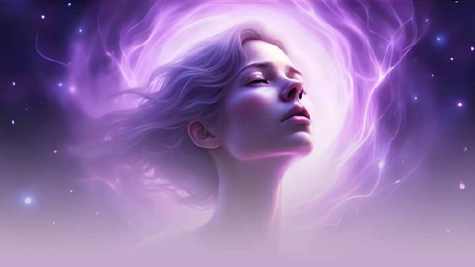 Woman with closed eyes, surrounded by a glowing purple aura. Her hair flows in a cosmic space, evoking a calm, dreamy atmosphere.