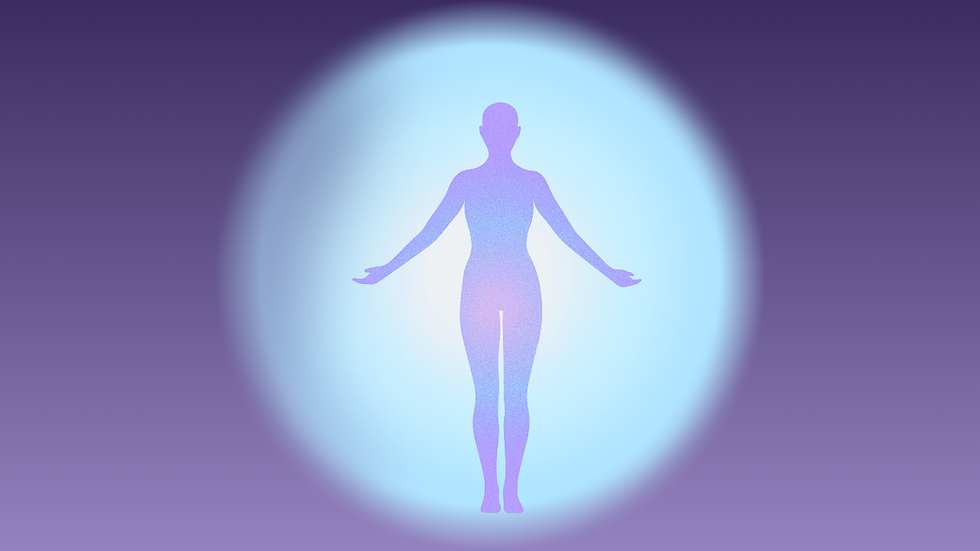 Silhouette of a person with outstretched arms, surrounded by a glowing blue aura, set against a purple gradient background.