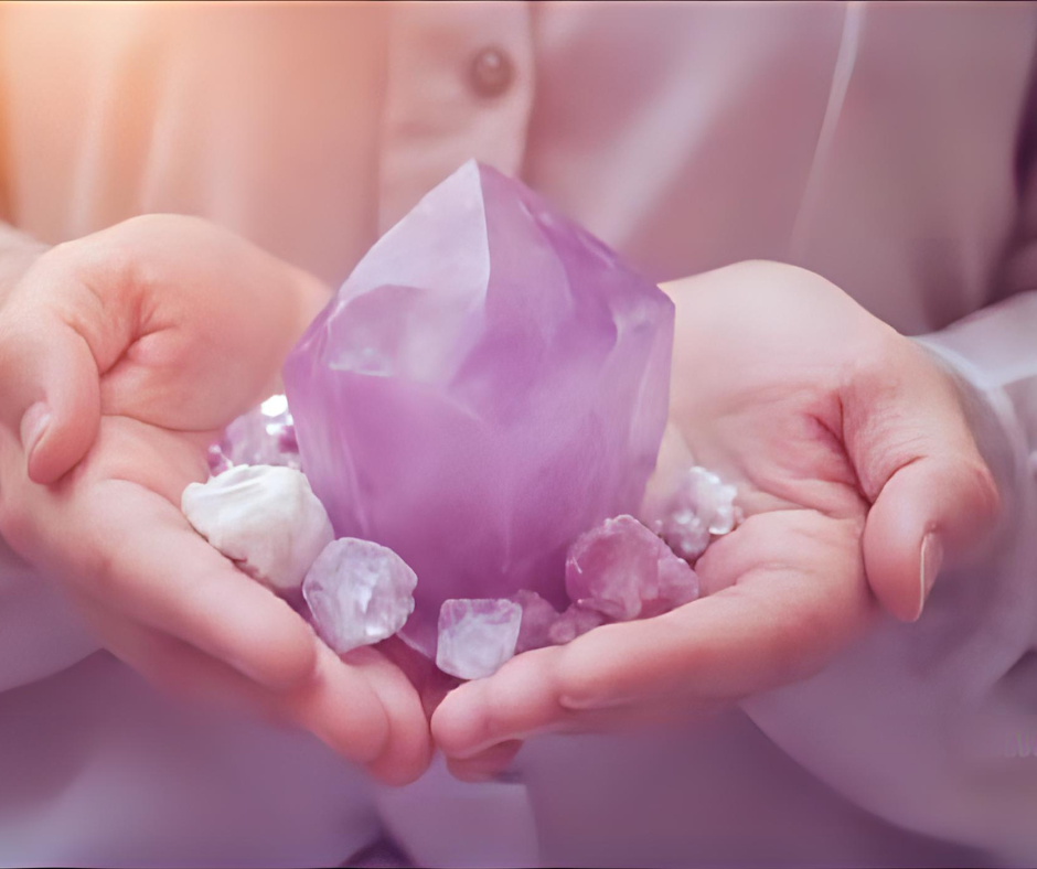 Hands gently hold a large purple crystal surrounded by smaller stones. Soft lighting creates a calming, mystical ambiance.