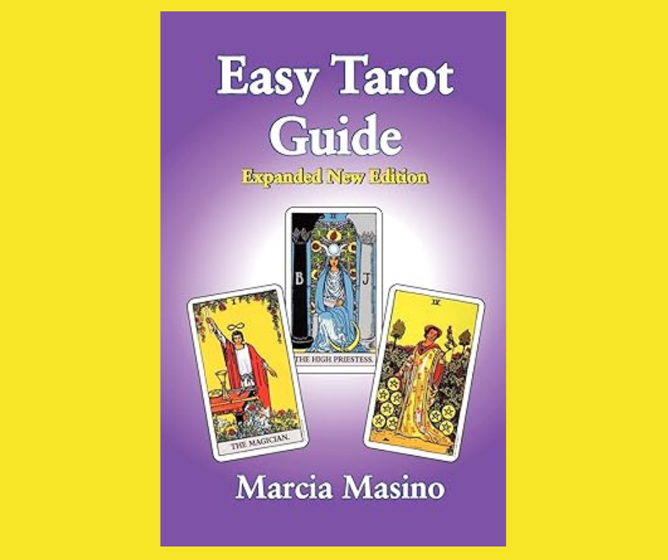 Purple cover of "Easy Tarot Guide" by Marcia Masino, featuring The Magician, The High Priestess, and Nine of Pentacles tarot cards.