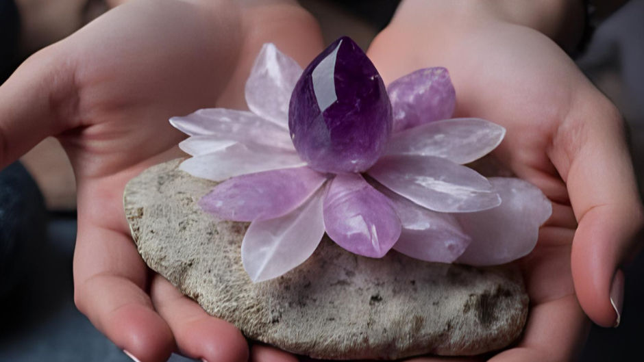 Hands cradle a stone with a purple crystal resembling a lotus, set against a blurred background. Calm and serene mood.