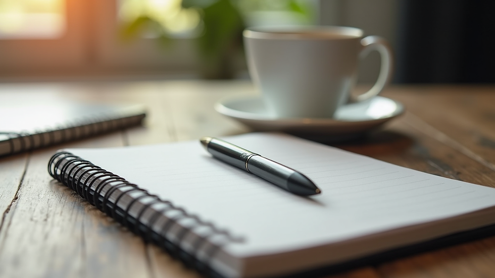 Close-up view of a notebook with a pen and a cup of coffee on a wooden desk