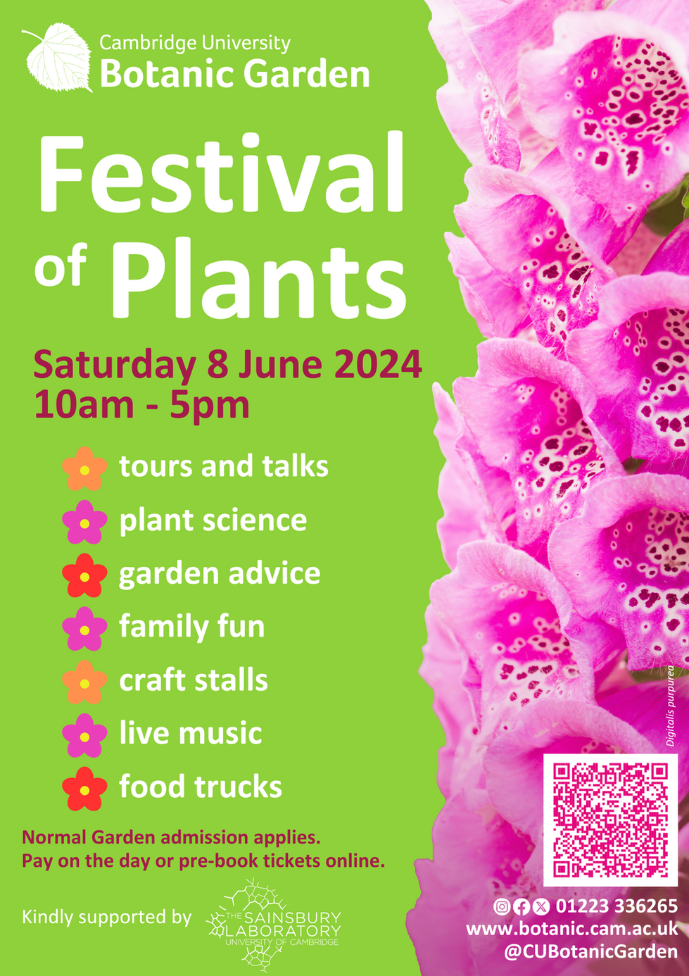 Poster for the festival of plants 2024 with a green background and pink flowers.