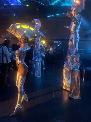 circus specialty performer in led robot costume for Eversana Intouch corporate event at Nebula NYC