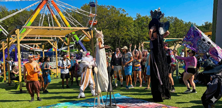 ambient walkabout circus performers in immersive theatrical offering at Elements Music & Arts Festival