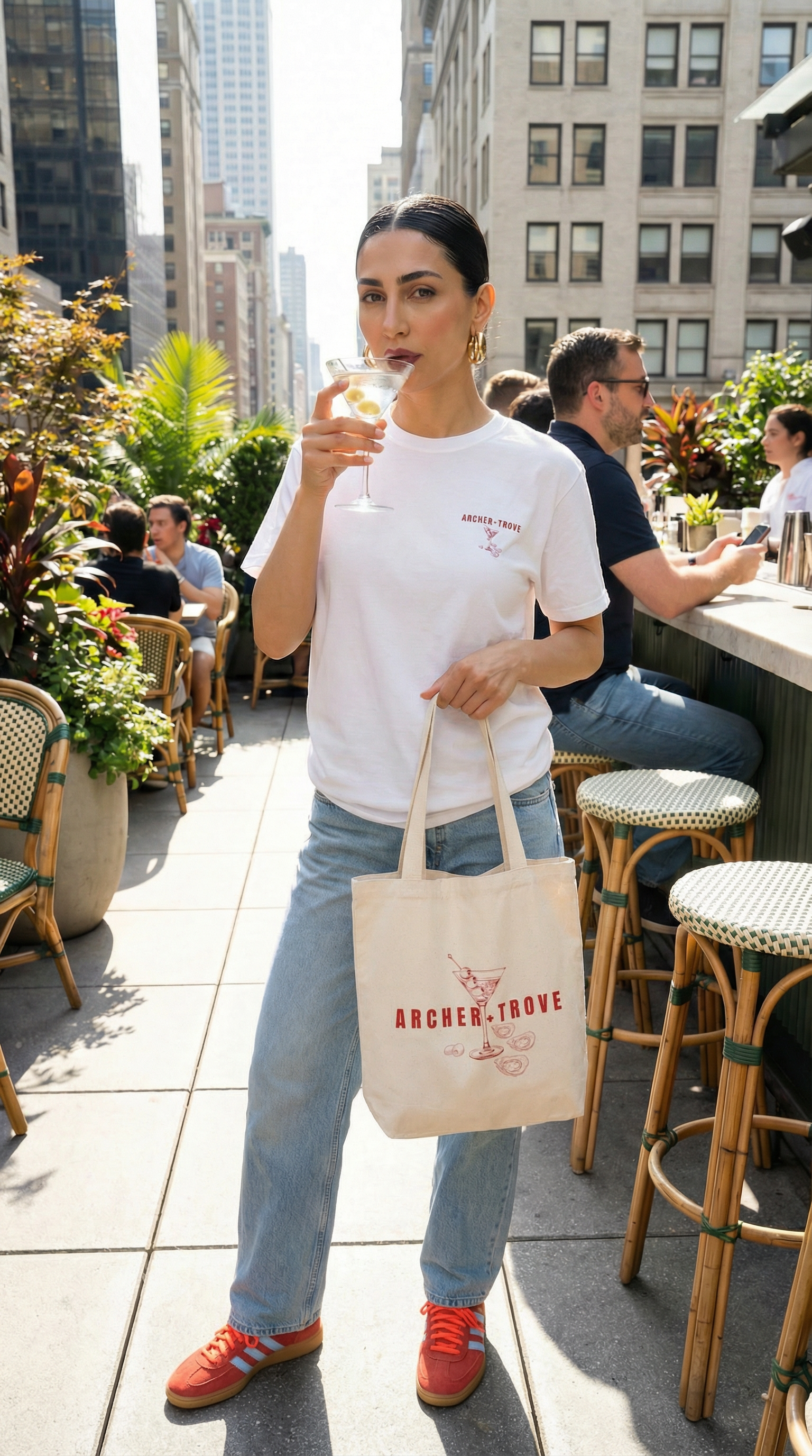 eco cotton tote bag with martini and oysters graphic and happy hour text