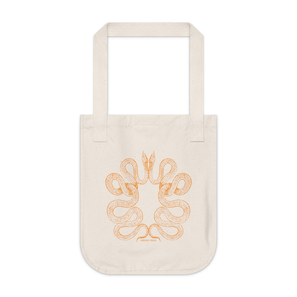 organic cotton tote bag with intertwined snake graphic in ouroboros formation