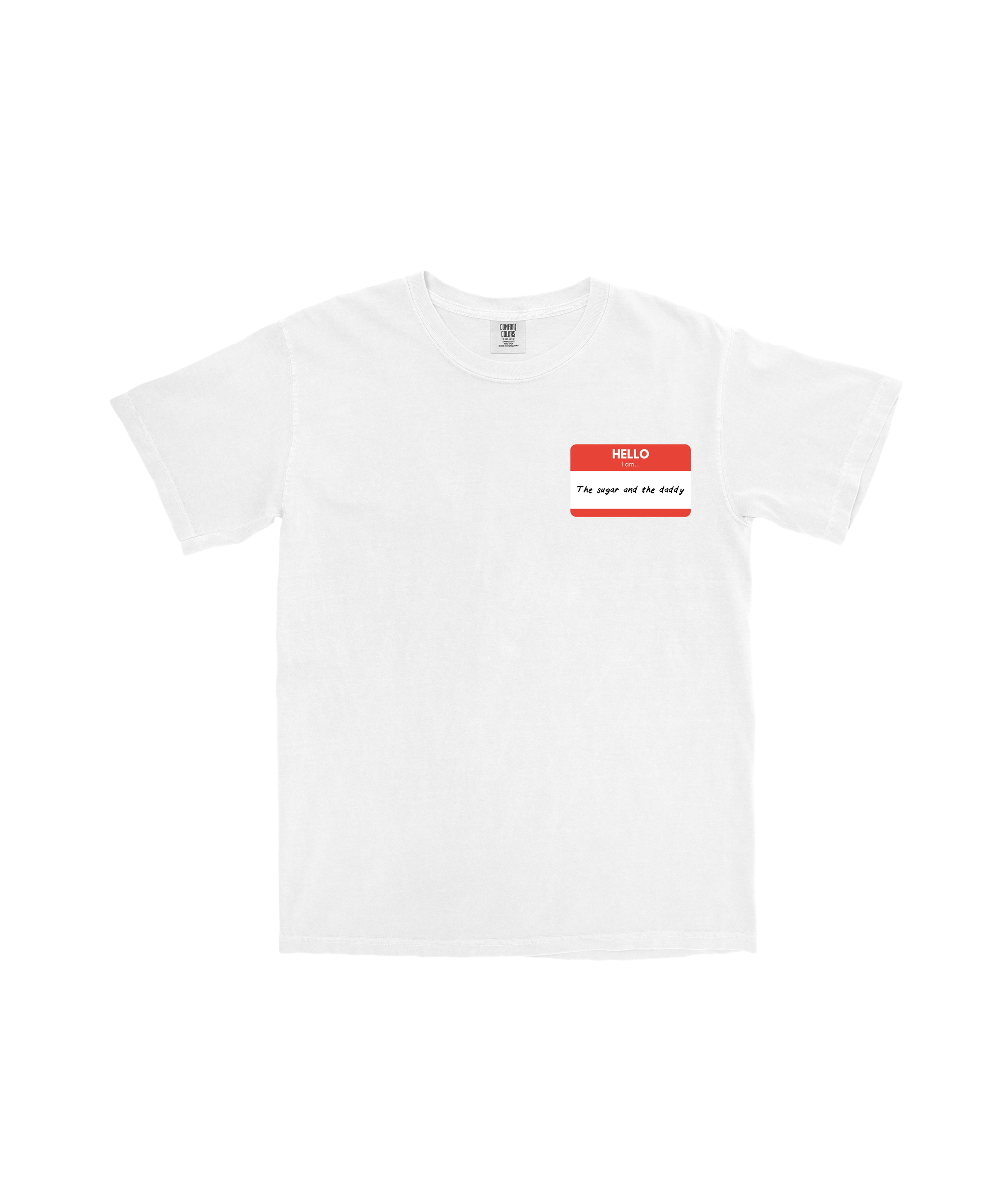 hello im the sugar and the daddy t-shirt with red name tag graphic