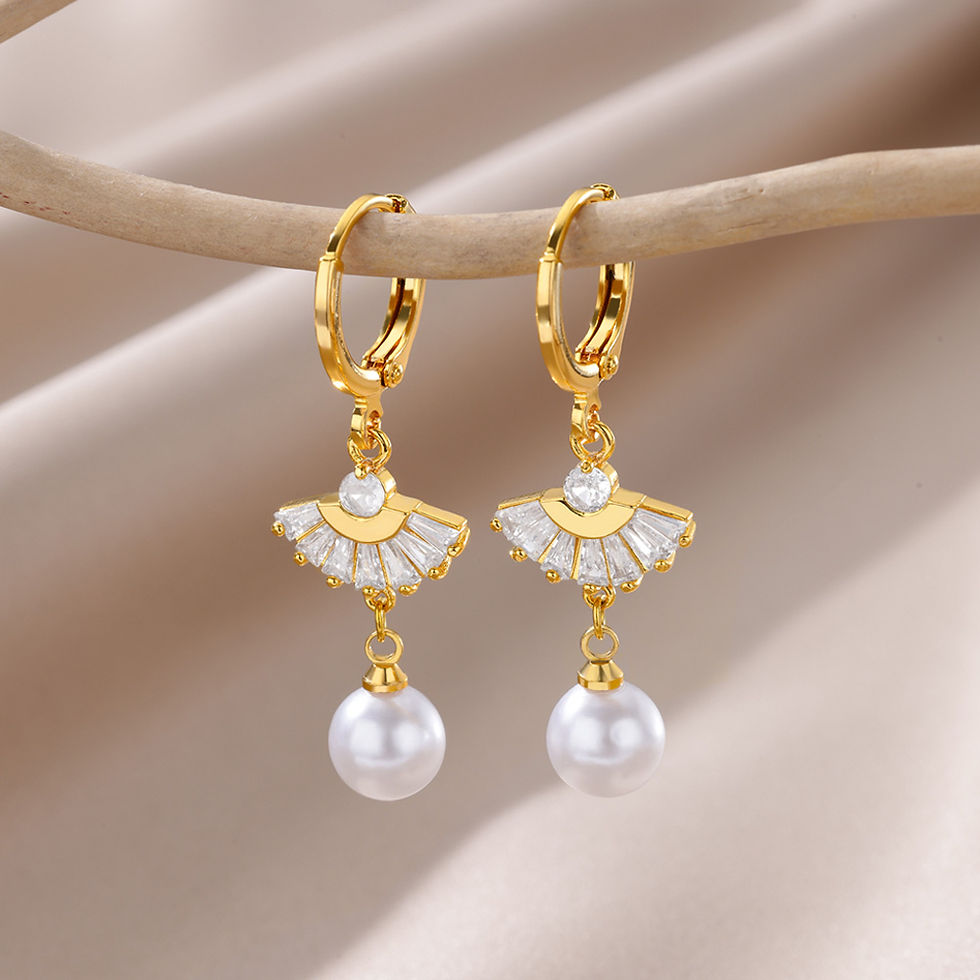 Thumbnail: Gold stainless steel zirconia and pearl earrings