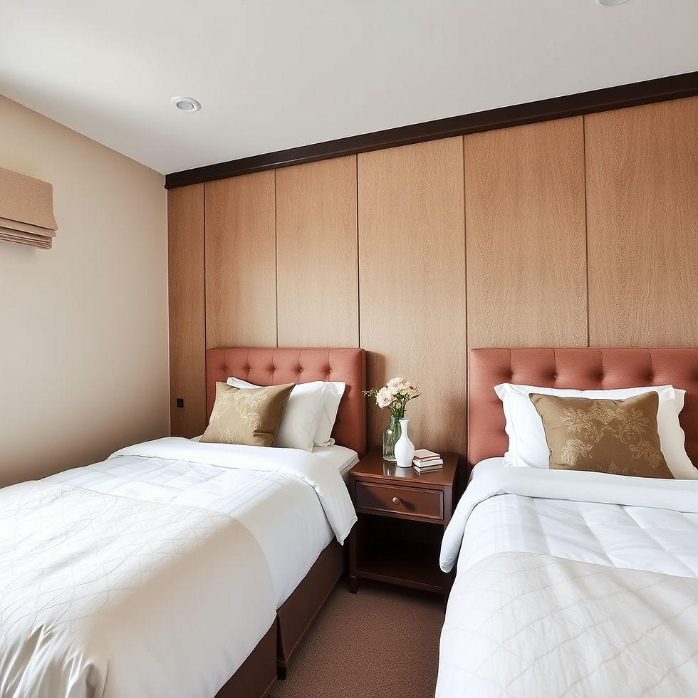 TWIN BEDS IN BEDROOM SPACED OUT HIGH CLASS FLUFFY COMFORTER