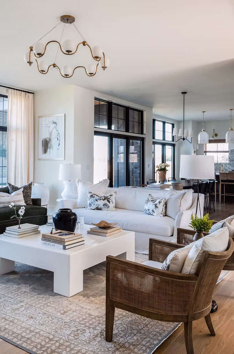 high end transitional living room with curated decor and vintage pieces