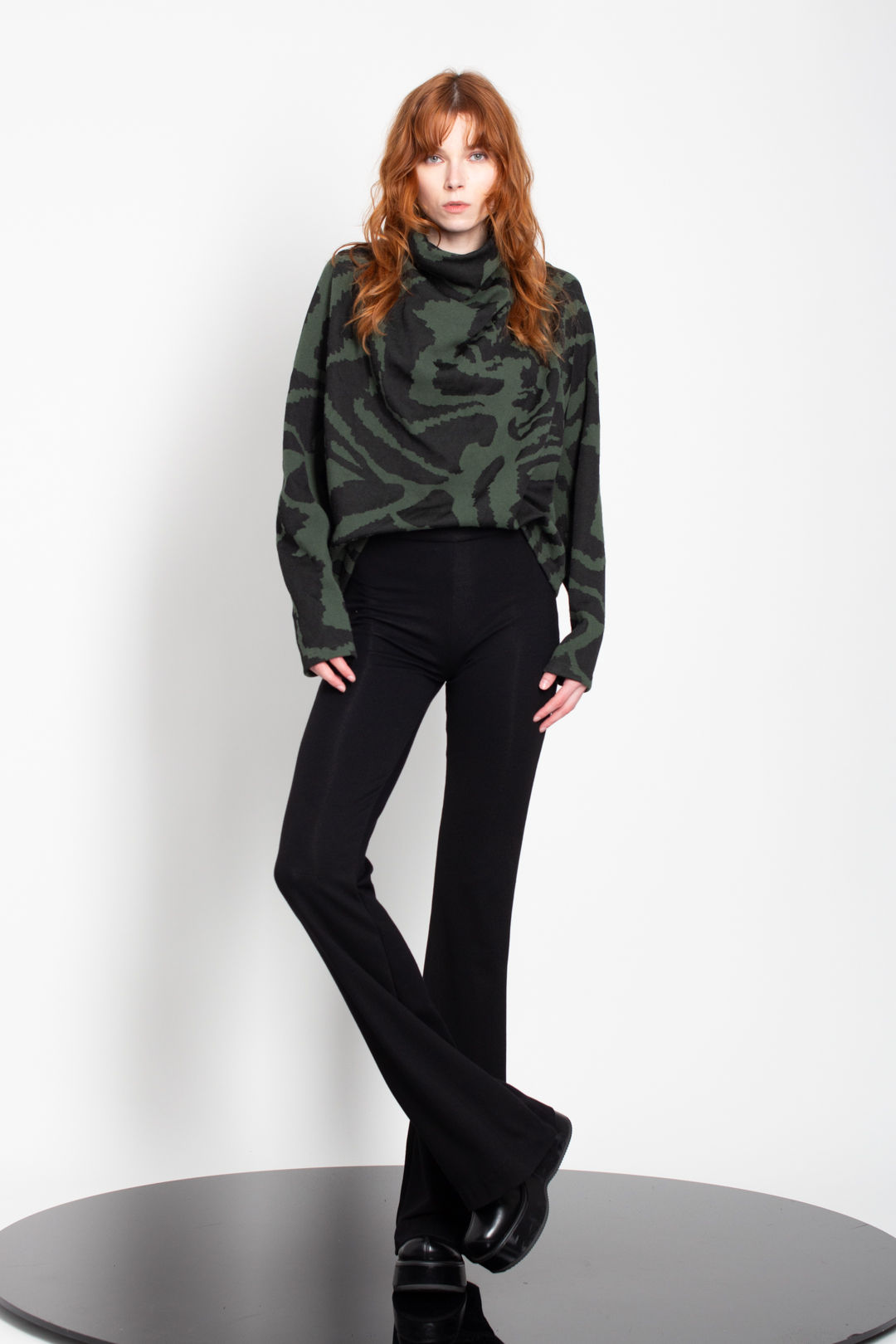 Draped Swan Neck Jersey Jacquard Dolman Sleeves Top