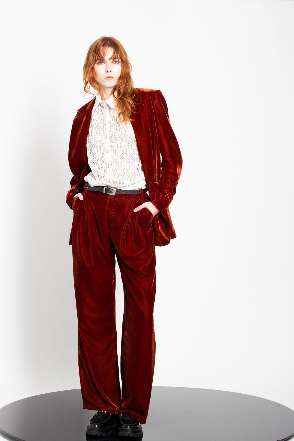 Pleated Wide Leg Velvet Pants