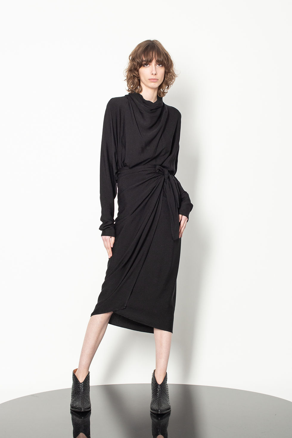 Kimono tie-up midi dress with draped turtleneck