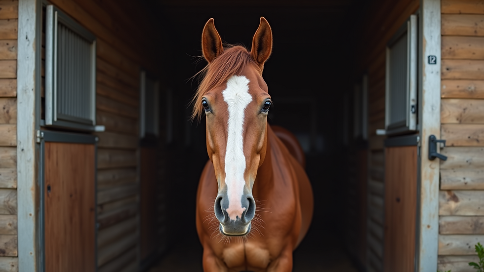 Eye-level view of a horse standing calmly in a stable