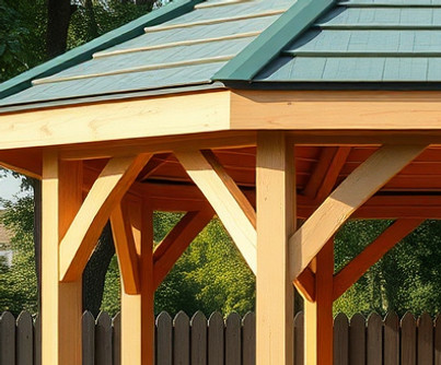 simple large wood pavilion, hexigon shape, single green slatted metal roofing.jpg