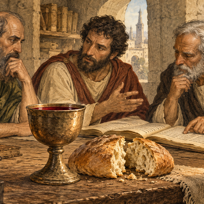 Hand-sketched illustration of three early Church Fathers discussing manuscripts around a table with bread and a chalice of wine, representing the Eucharist debate.