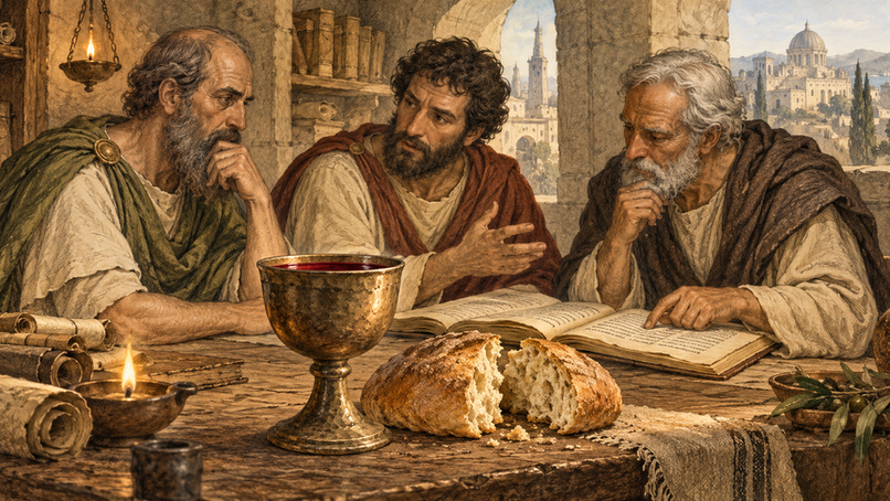 Hand-sketched illustration of three early Church Fathers discussing manuscripts around a table with bread and a chalice of wine, representing the Eucharist debate.