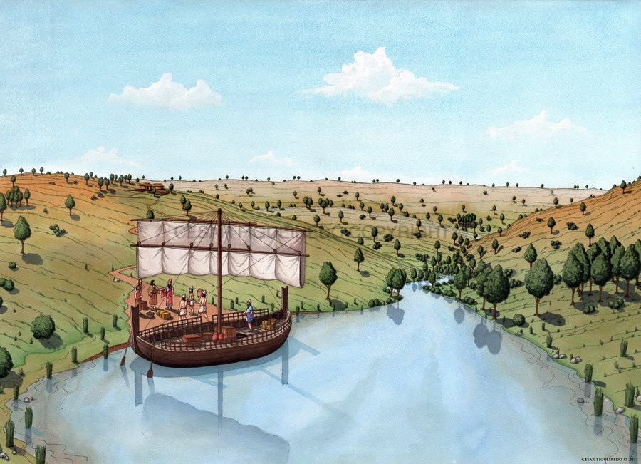 Reconstituição do povoado de Cabanas de Santa Sofia com vista sobre o rio Tejo.