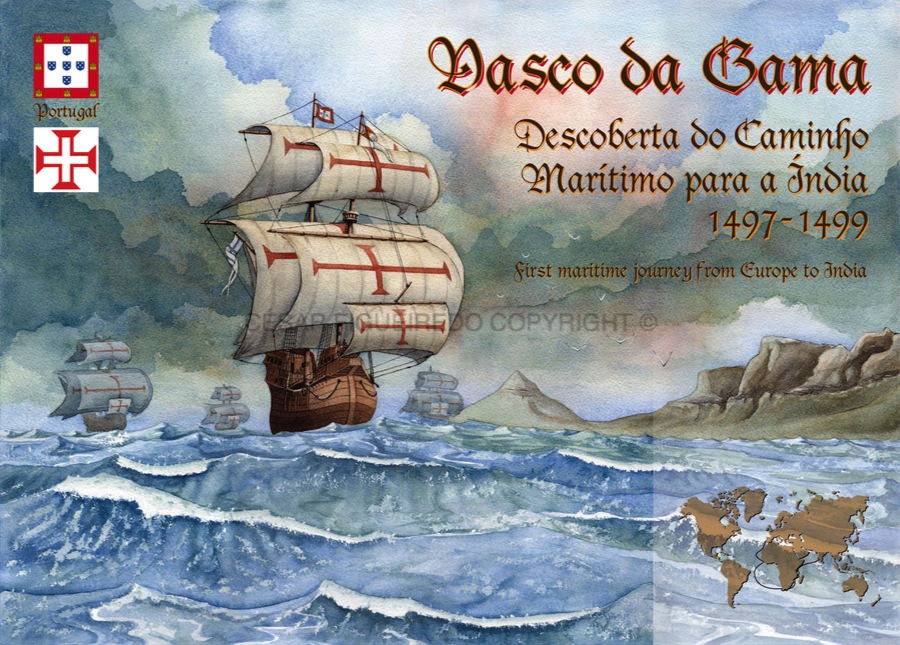 Imagem evocativa da armada de Vasco da Gama na descoberta do caminho marítimo para a Índia.
