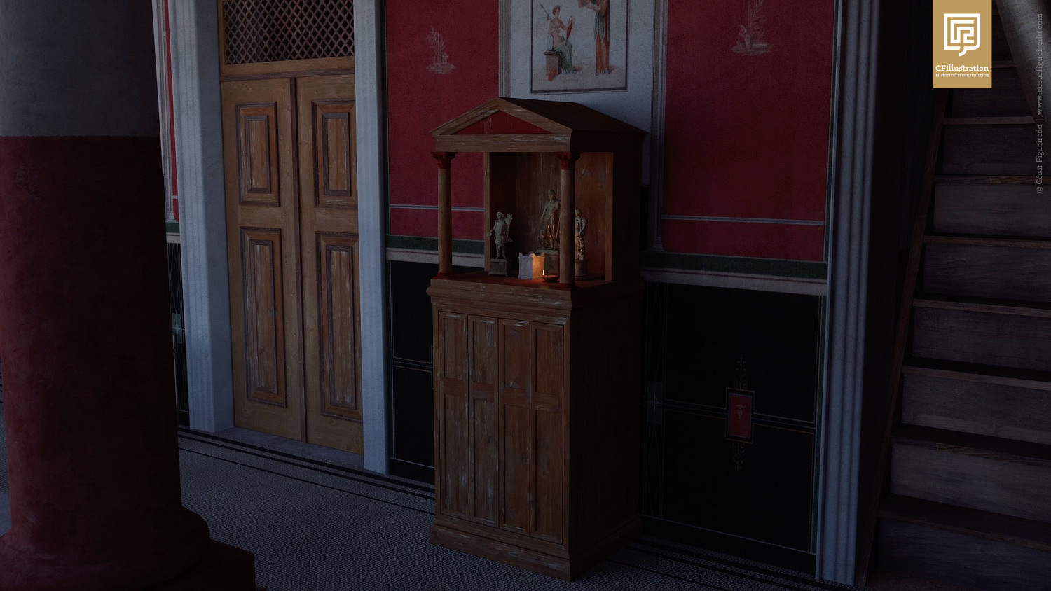 Recriação de um átrio de uma casa romana (pormenor do lararium).