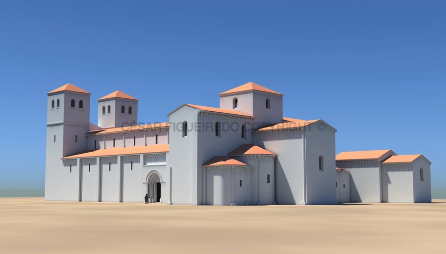 Reconstituição da Catedral românica de Braga de acordo com o projeto reconstrutivo de D. Paio Mendes (1128).