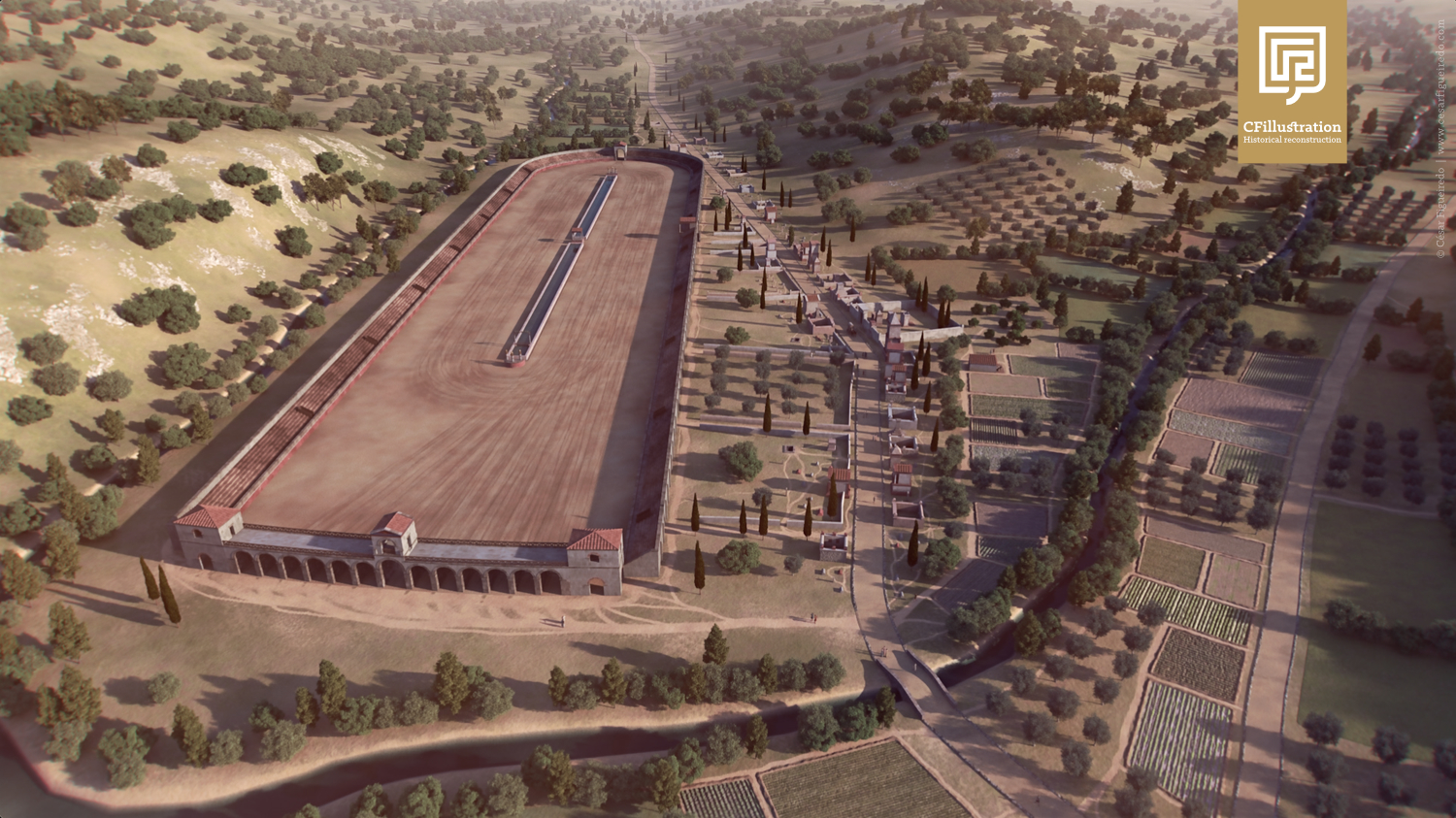 Proposta de reconstituição 3D actualizada de Olisipo para o documentário "Ecos da Cidade dos Mortos". Vista sobre o circo e a necrópole da Praça da Figueira.