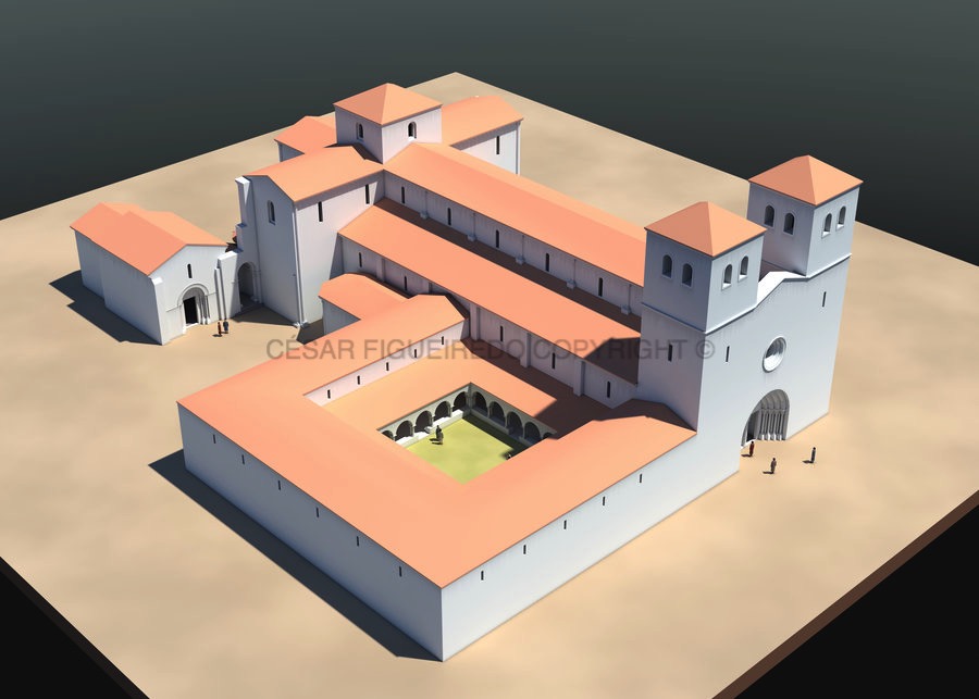 Reconstituição da Catedral românica de Braga de acordo com o projeto reconstrutivo de D. Paio Mendes (1128).
