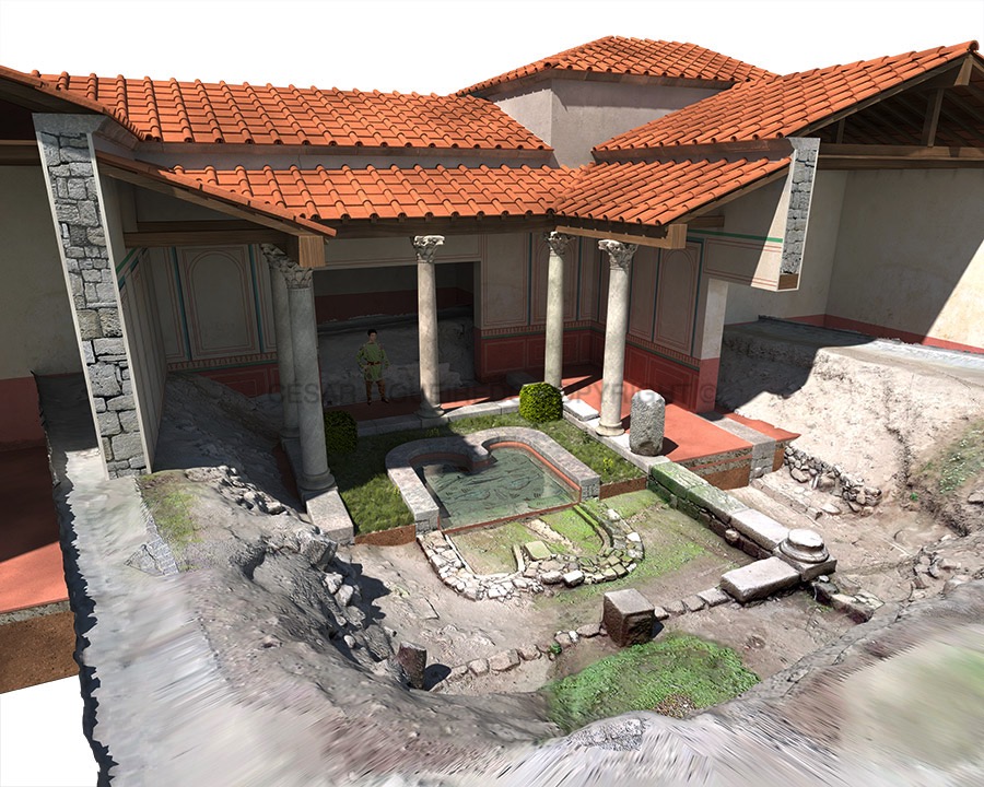 Reconstituição do pátio da Domus de SaVista em corte da reconstituição do peristilo da Domus de Santiago (fase II) com sobreposição nas ruínas arqueológicas.ntiago (fase II).