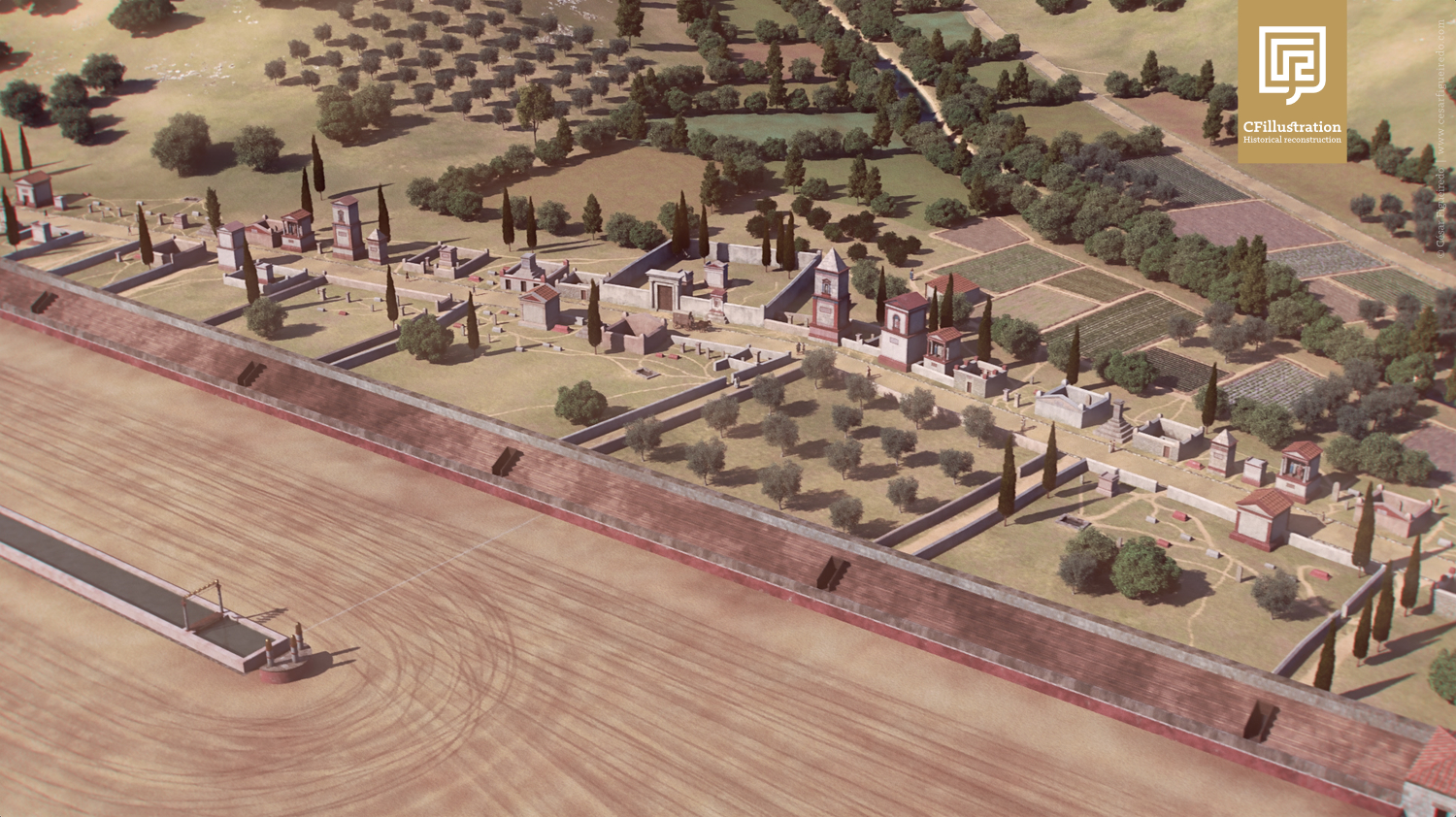 Proposta de reconstituição 3D actualizada de Olisipo para o documentário "Ecos da Cidade dos Mortos". Pormenor do circo e da necrópole da Praça da Figueira.
