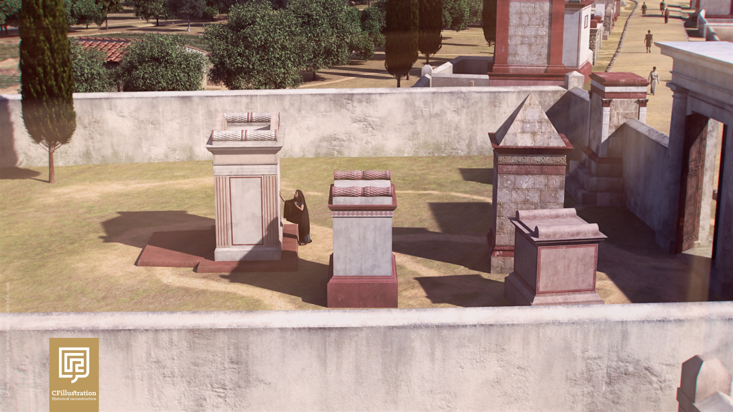Proposta de reconstituição 3D actualizada de Olisipo para o documentário "Ecos da Cidade dos Mortos". Pormenor da necrópole da Praça da Figueira.
