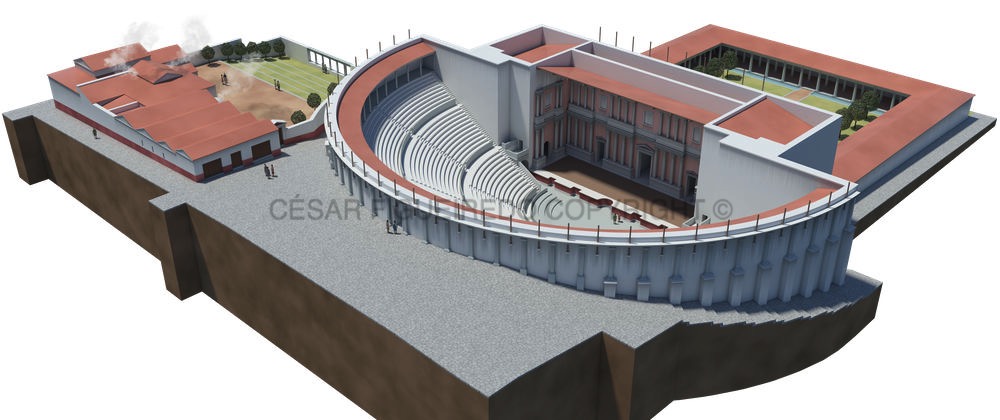 Reconstituição do teatro romano de Bracara Augusta (Braga) em inícios do século II d.C.