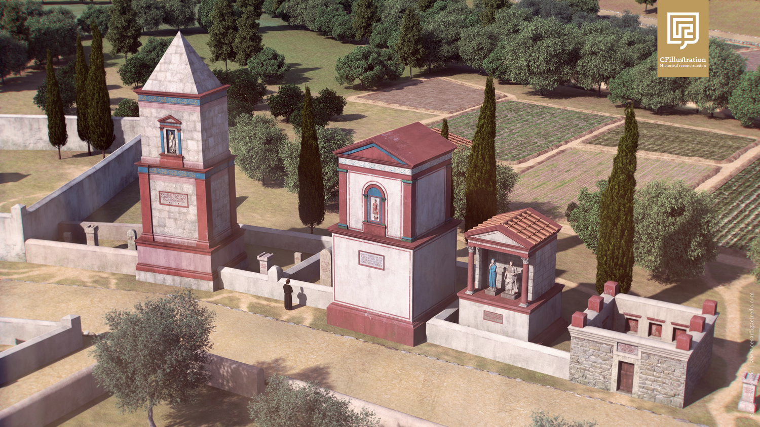 Proposta de reconstituição 3D actualizada de Olisipo para o documentário "Ecos da Cidade dos Mortos". Pormenor da necrópole da Praça da Figueira.
