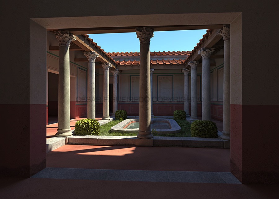 Reconstituição do pátio da Domus de Santiago (fase II).