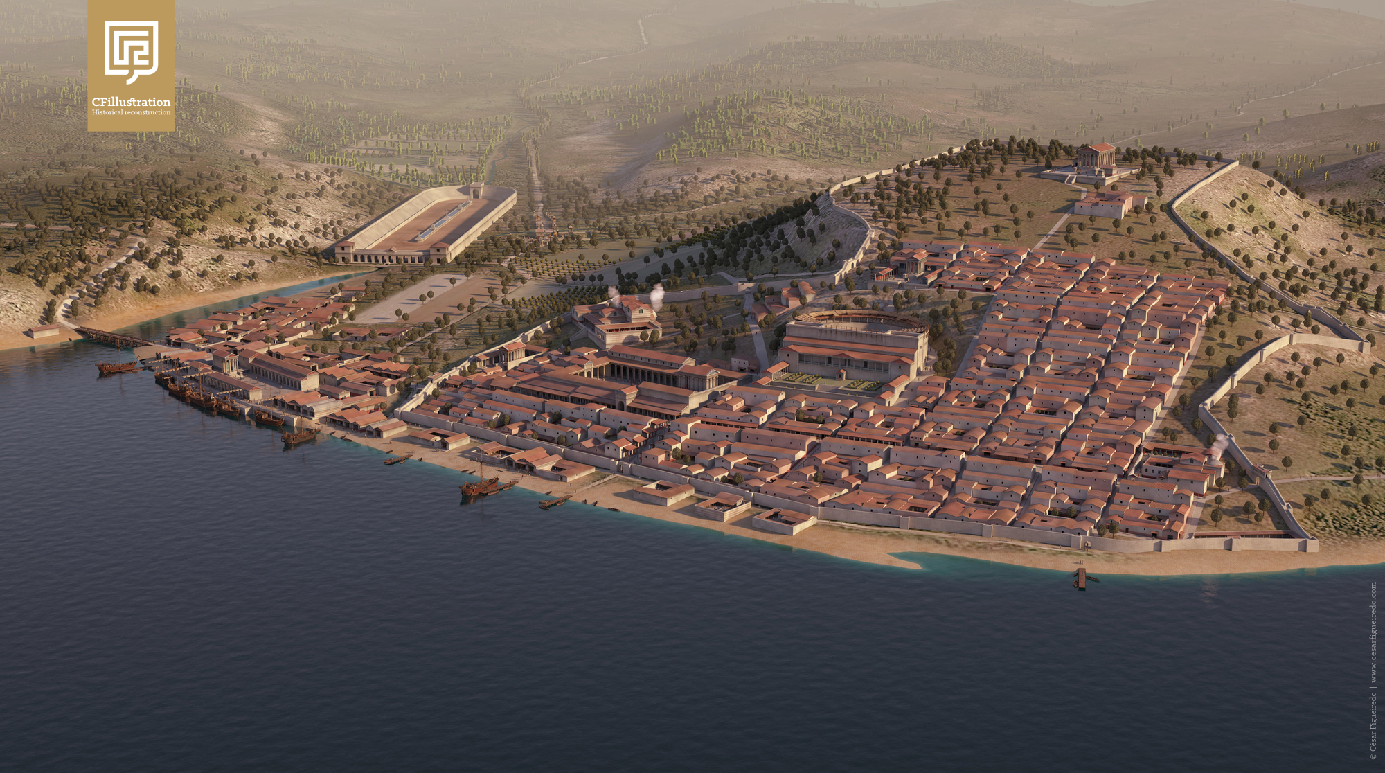 Reconstituição tridimensional de Olisipo (primeira versão). Modelo 3D desenvolvido para o documentário "Fundeadouro Romano em Olisipo. O Porto de Lisboa em Época Romana", 2015.