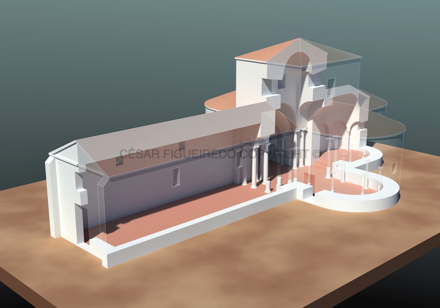 Vista em corte da reconstituição volumétrica da basílica sueva de São Martinho de Dume.