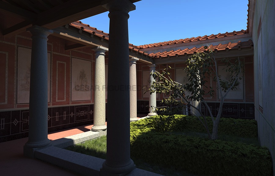 Reconstituição do pátio da Domus de Santiago (fase I).