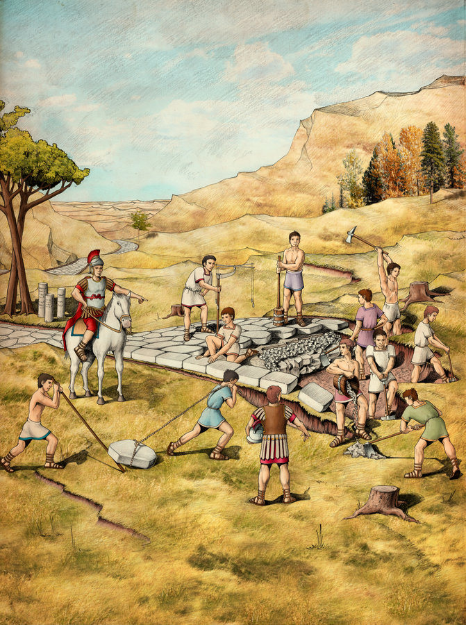 Imagem ilustrativa do processo de construção de uma estrada romana.