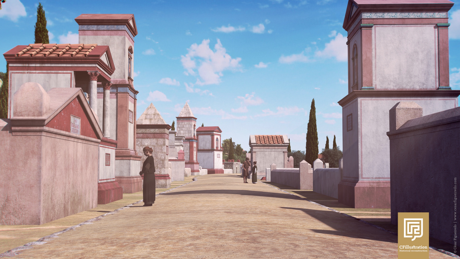 Proposta de reconstituição 3D actualizada de Olisipo para o documentário "Ecos da Cidade dos Mortos". Pormenor da necrópole da Praça da Figueira.