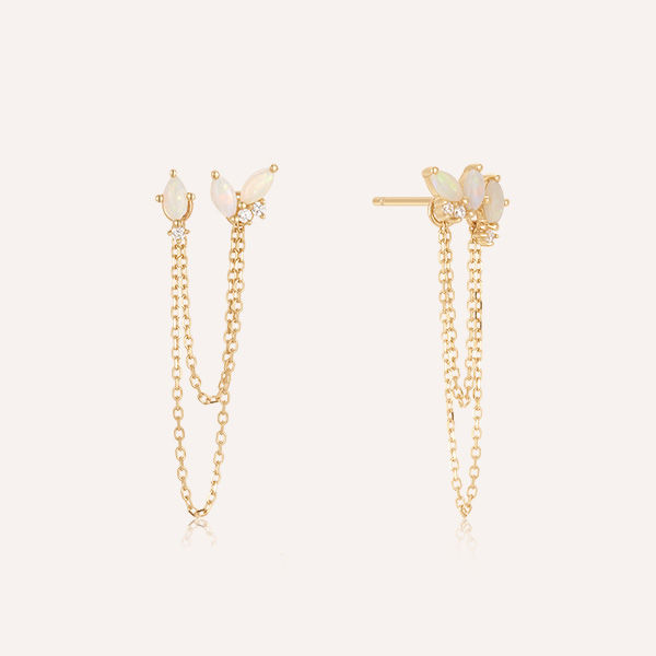 Opal CZ Chain Stud Earrings 9K Gold