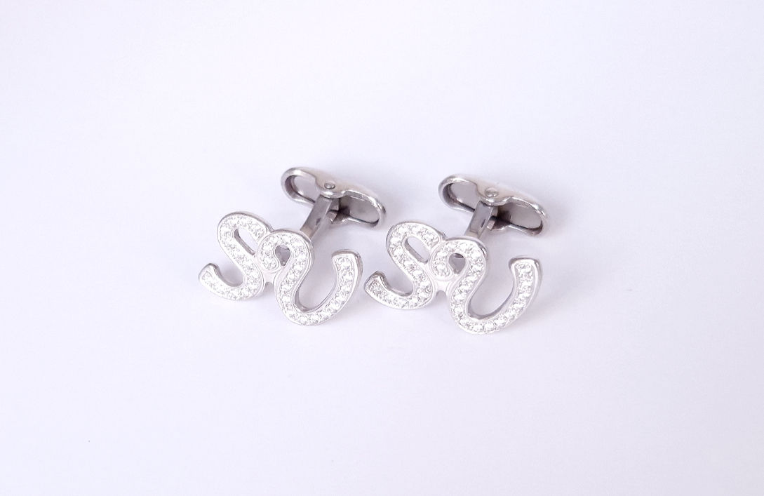Zircon initials cufflinks - rhodium platad - price range 900 - 1300 nis