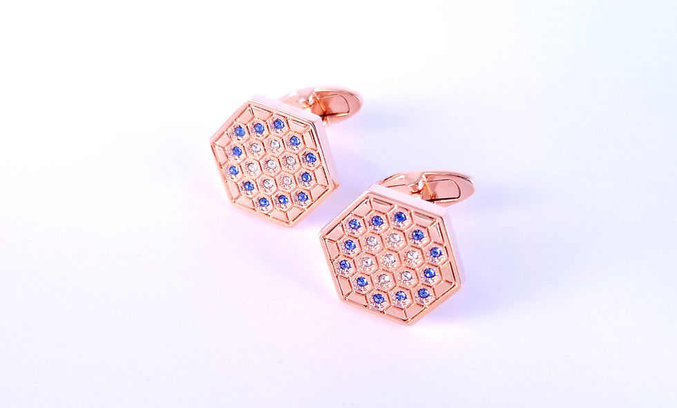 Sapphire & clear swarovski Hexagonal crystal cufflinks - 14k rose gold plated